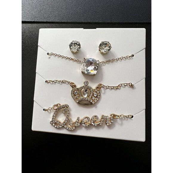 Blingy Set of Gold Chain Necklaces w QUEEN CROWN & Large Faux Diamond w Earrings - Picture 7 of 7